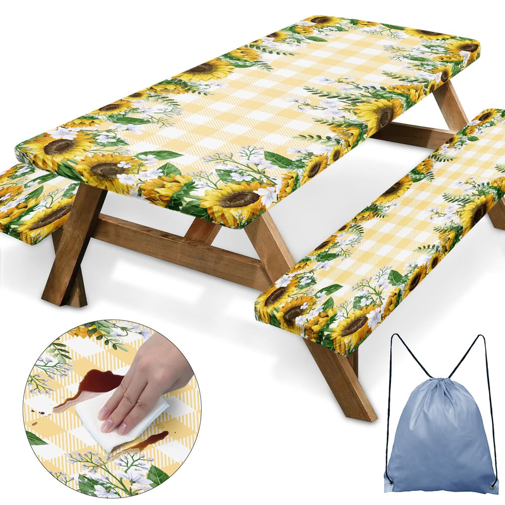 Britown Picnic Table Cover With Bench Covers Elastic Edges, Yellow Fitted Table Cover, Outdoor Patio Camping Essentials 72 Inch
