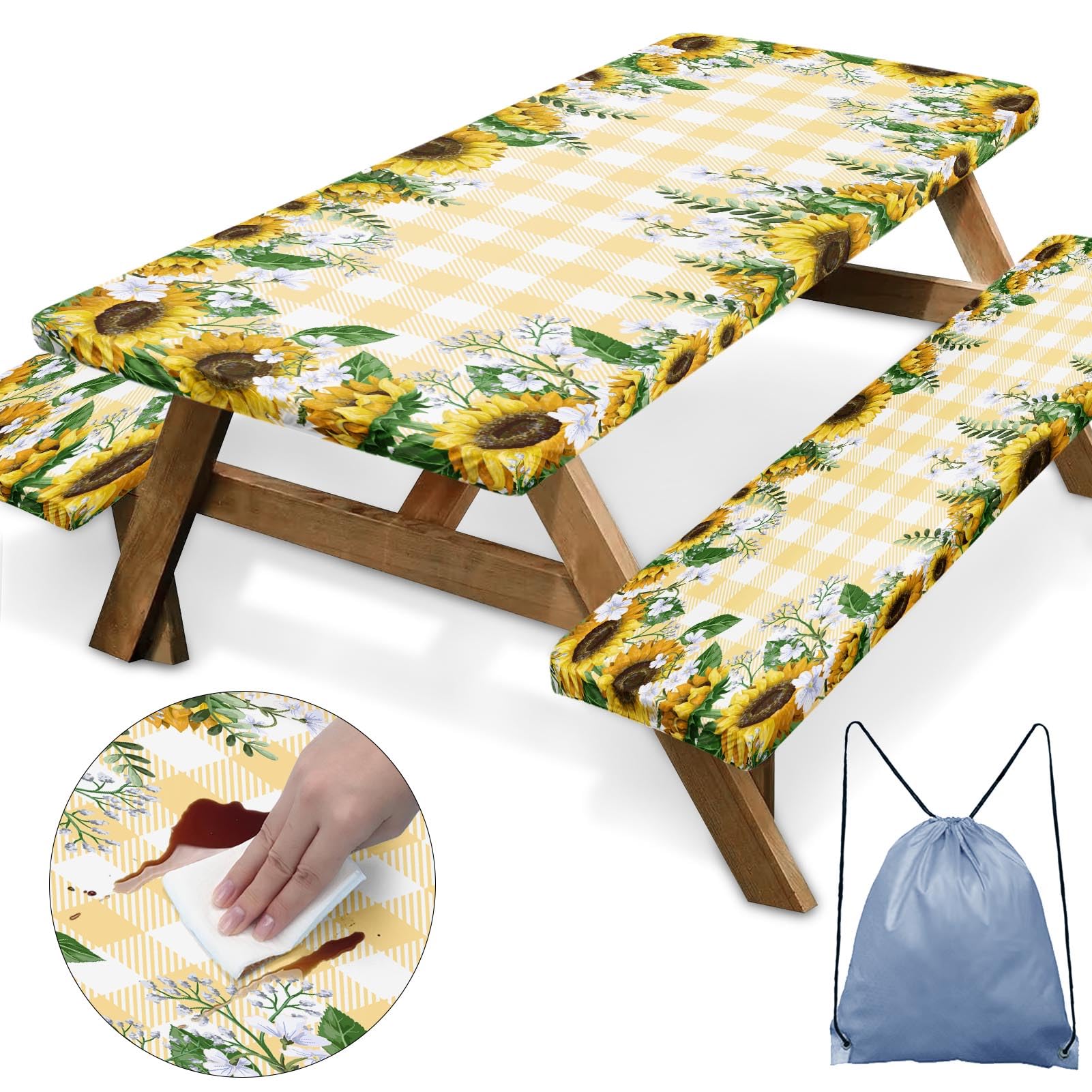 Britown Picnic Table Cover With Bench Covers Elastic Edges, Yellow Fitted Table Cover, Outdoor Patio Camping Essentials 72 Inch