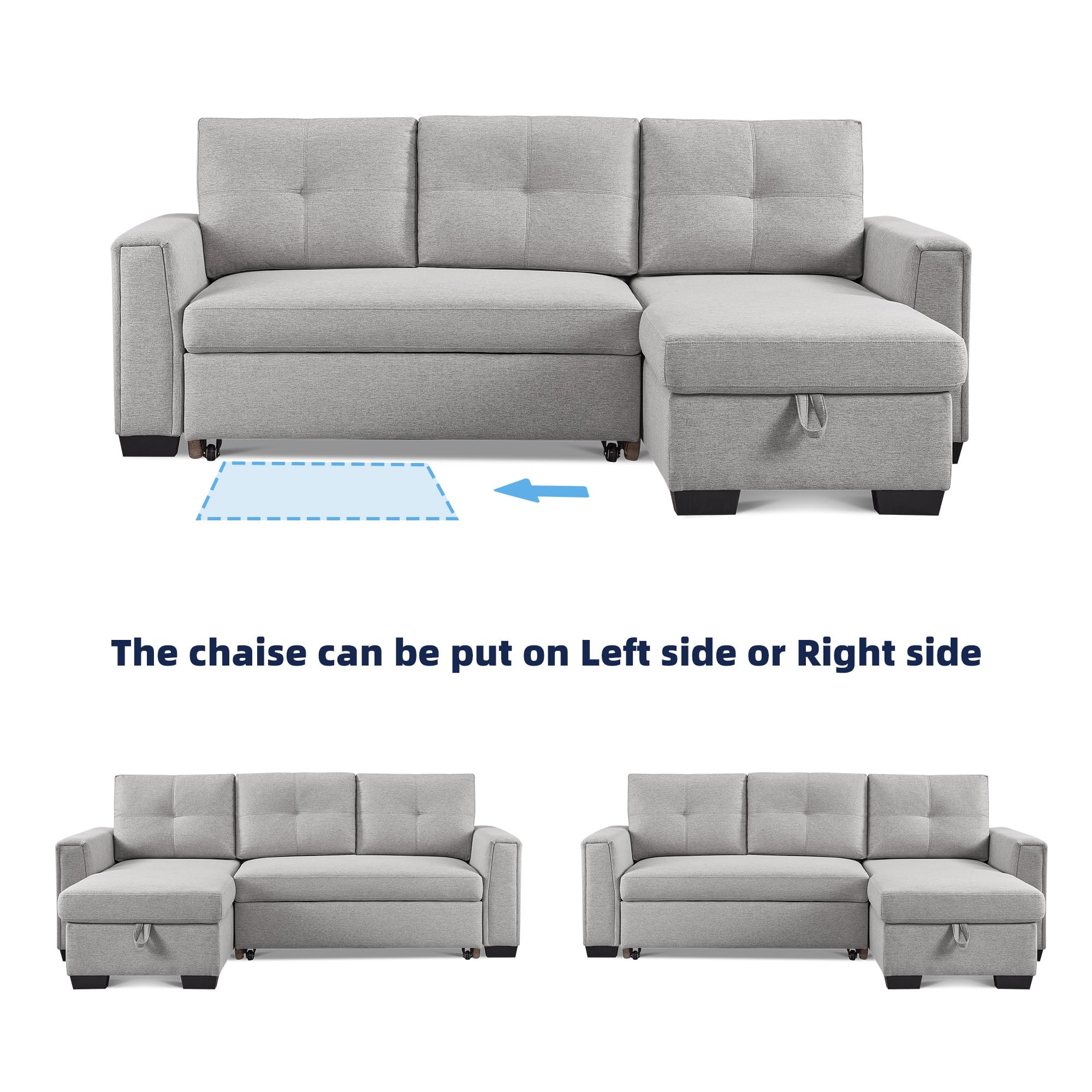 American Furniture Classics Light Grey Tufted Sectional Chaise Sofa Sleeper with Storage, 92" x 59" x 36"