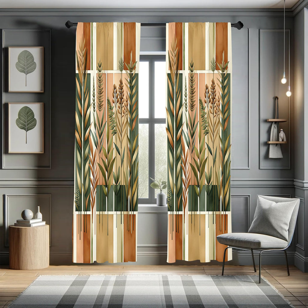 Ambesonne Botanical Curtains, Watercolor Fall Branches and Geometric Mid Century Modern Autumnal Art, Window Treatments 2 Panel 