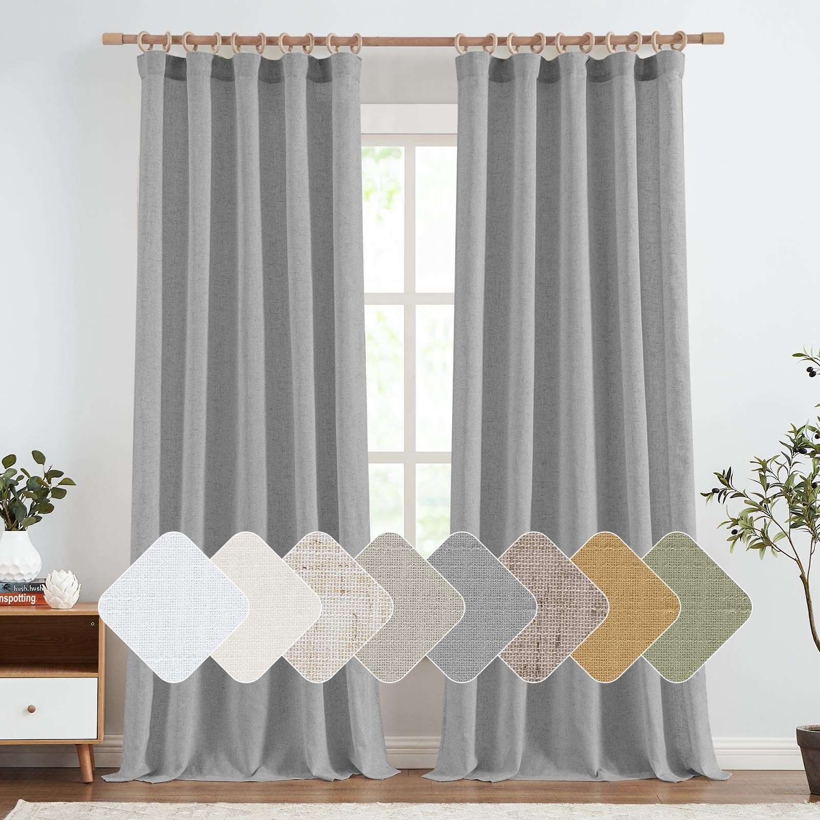 Jinchan Linen Blend Grey Curtains 96 Inches Long For Living Room Farmhouse Rod Pocket Back Tab Light Filtering Window Drapes For Bedroom Curtains Gray 2 Panels