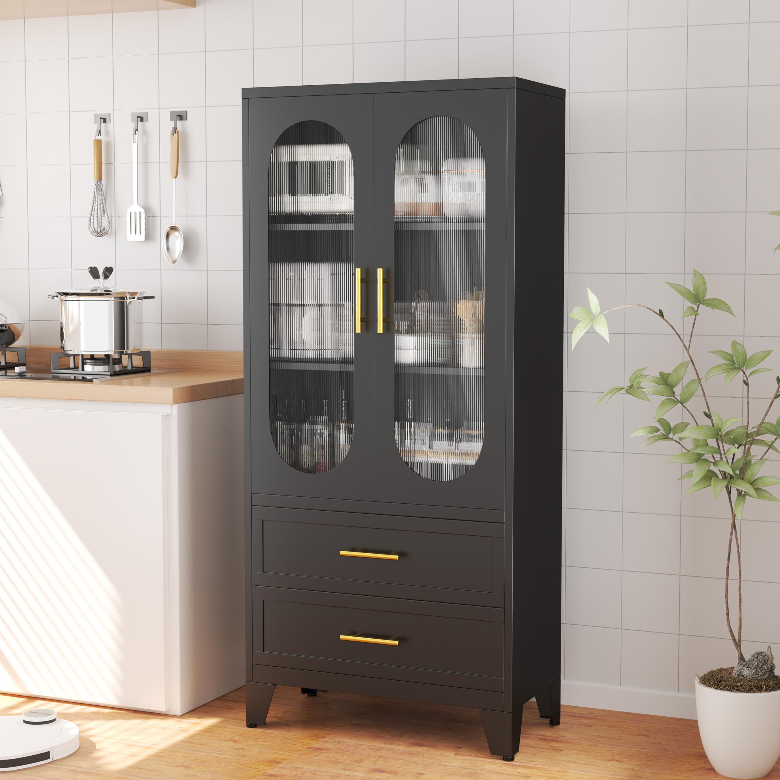 Paofin Kitchen Pantry Storage Cabinet With 2 Acrylic Doors, 2 Drawers,2 Adjustable Shelves, Freestanding Cupboard Versatile Stor
