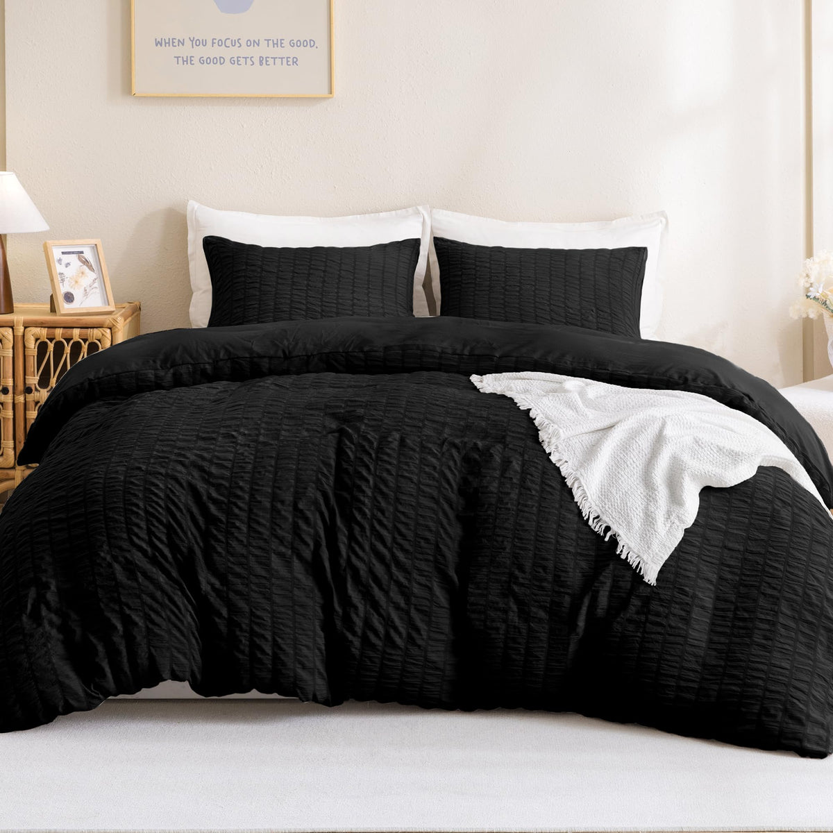 Litanika Black Comforter King Size, 3 Pieces Lightweight Seersucker Bedding Set & Collections, All Season Fluffy Bed Set (104X90