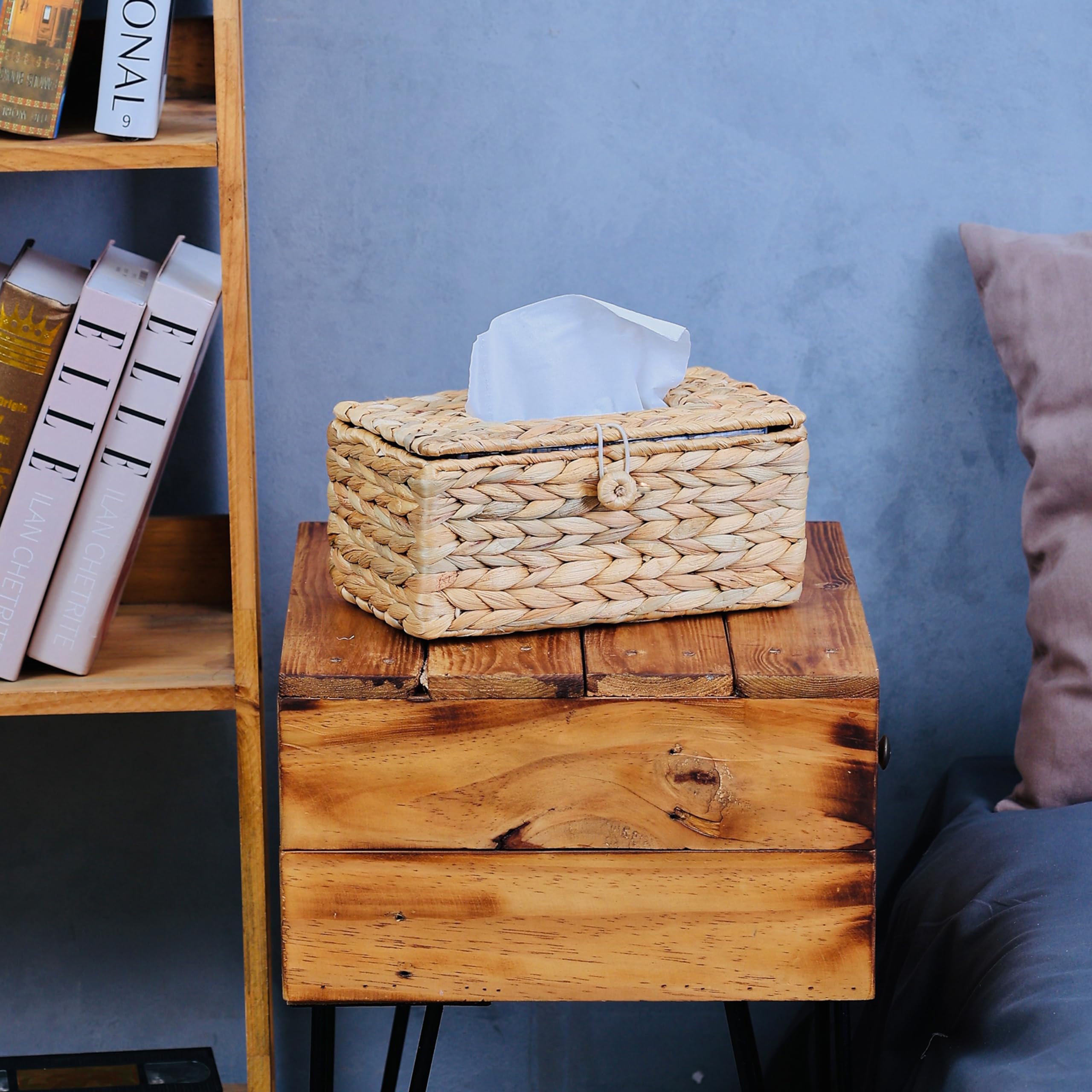 Minhkust Tissue Box Holder With Flip-Open Top, Tissue Box Cover Rectangular, Rattan Wicker Rectangle Tissues Box Cover, Boho Dec