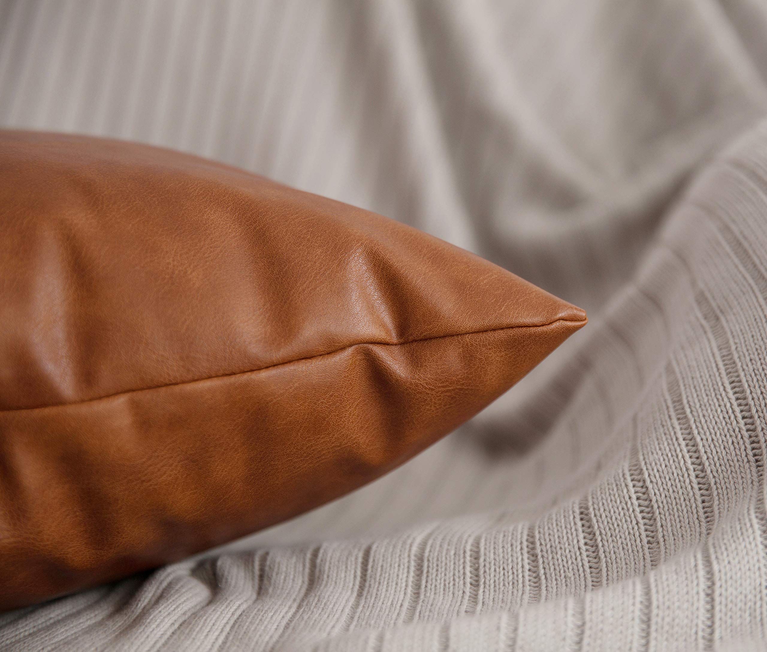 HOMFINER Faux Leather Throw Pillow Covers Set of 2, 20x20 inch, Thick Cognac Brown, Modern Decorative Cases for Couch and Bed