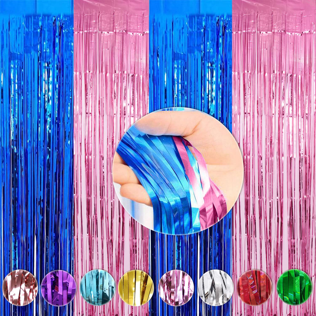 WOBBOX Big 3Ft X 6Ft Blue & Pink Color Tinsel Metallic Foil Curtain Backdrop Door Window Curtain Party Decoration, Foil Curtain