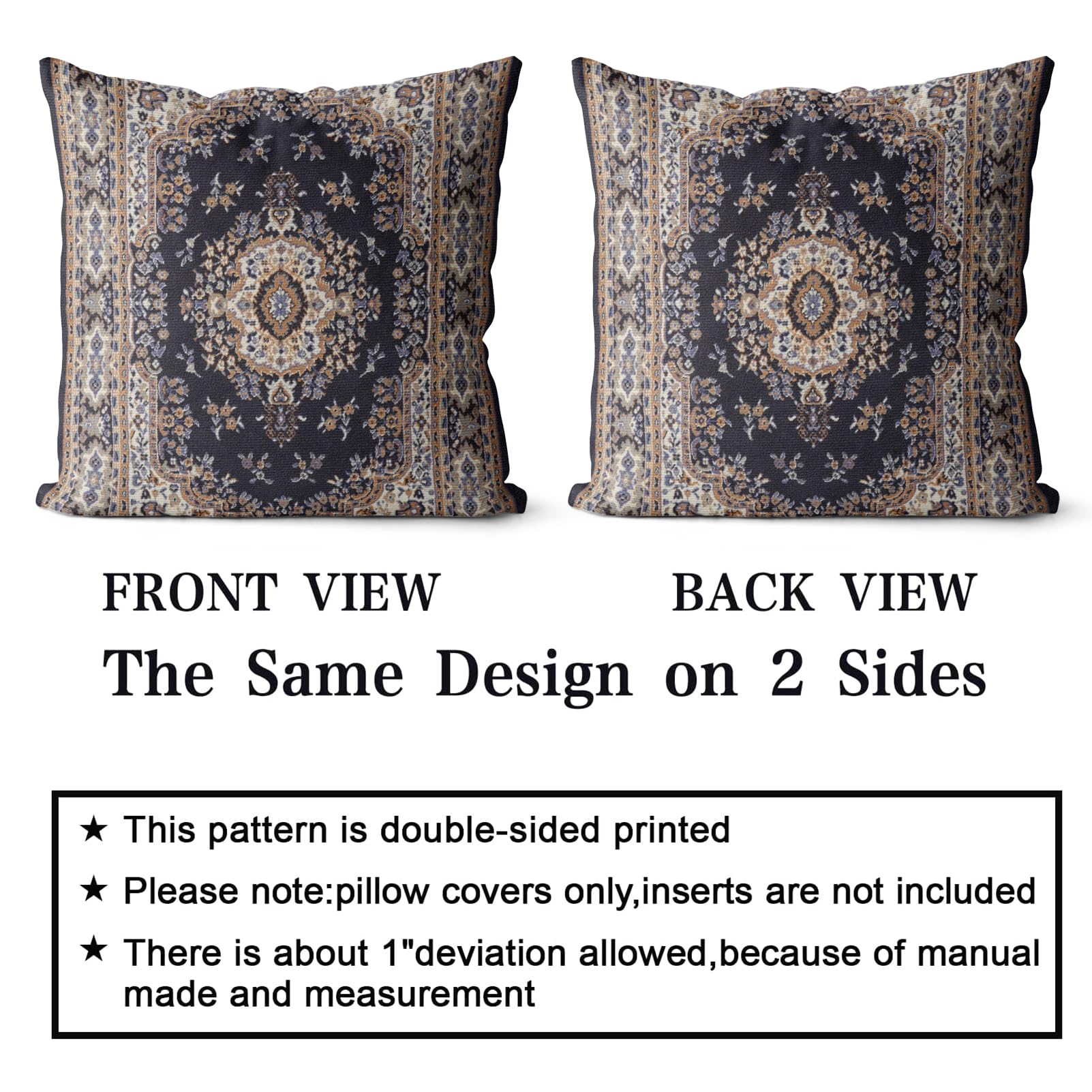 Snycler Boho Throw Pillow Covers 18X18 Inch Set Of 2 Black Medallion Border Area Rug Double Sided Pattern Cotton Soft Pillow Cas