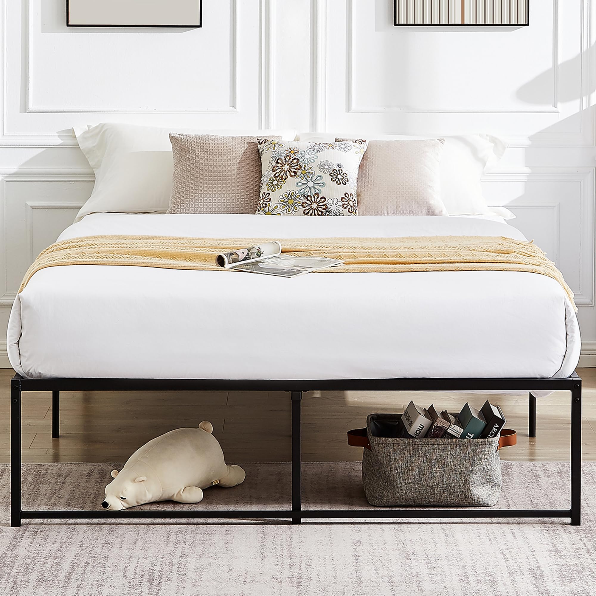 Vecelo 16' Metal Platform Tall Bed Frame,Mattress Foundation/No Box Spring Needed/Heavy Duty Steel Slat Support (Full Size)