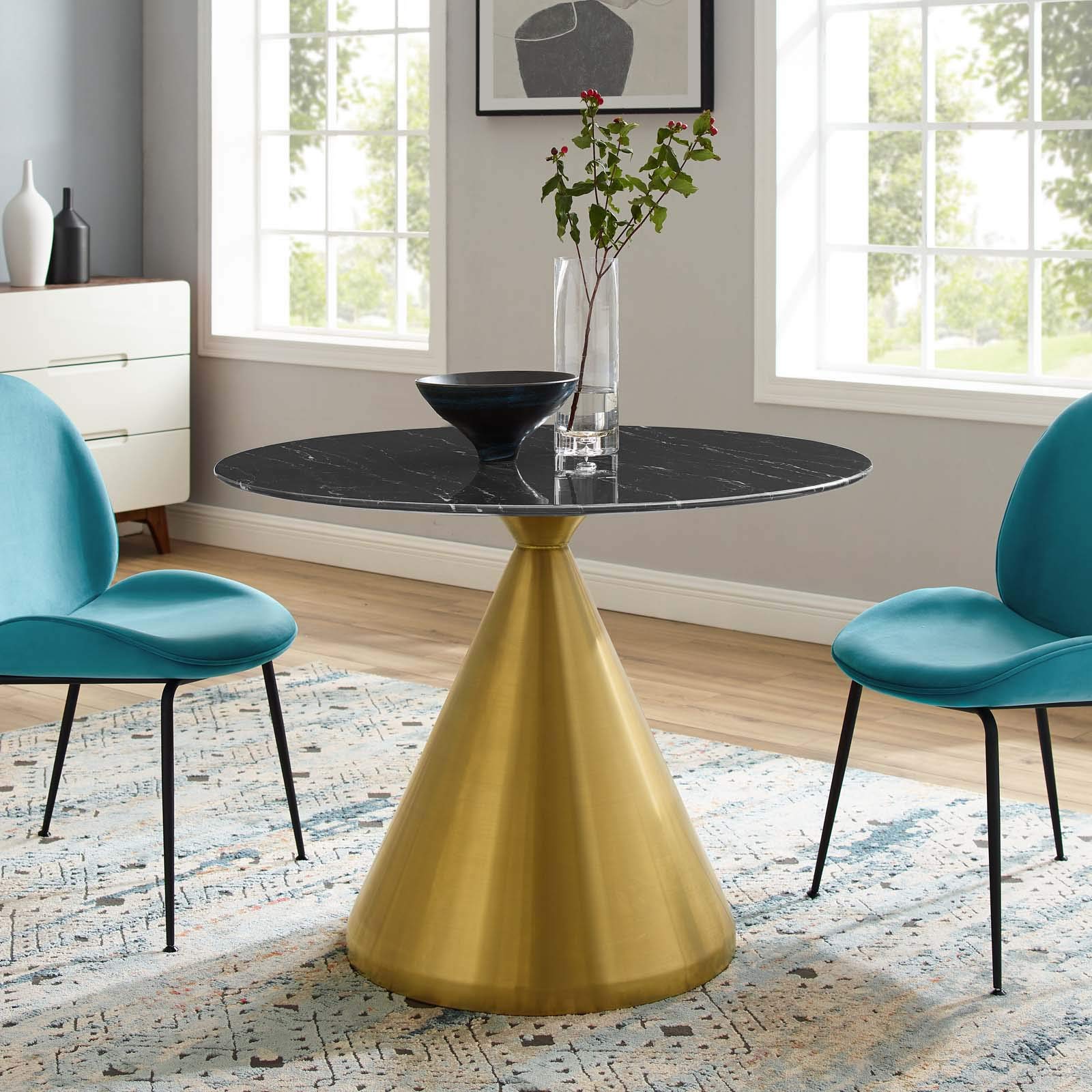 Modway Tupelo Round Artificial Marble 40&quot; Dining Table in Gold Black