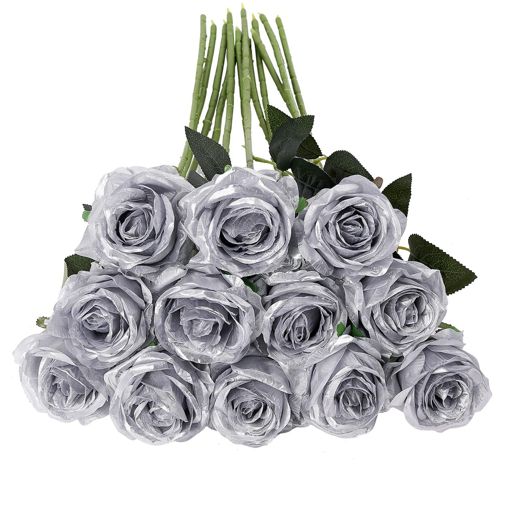 Tifuly Silver Roses Artificial Flowers -12Pcs Realistic Single Long Stem Fake Silk Roses Bouquet for Party Home Wedding Centerpi