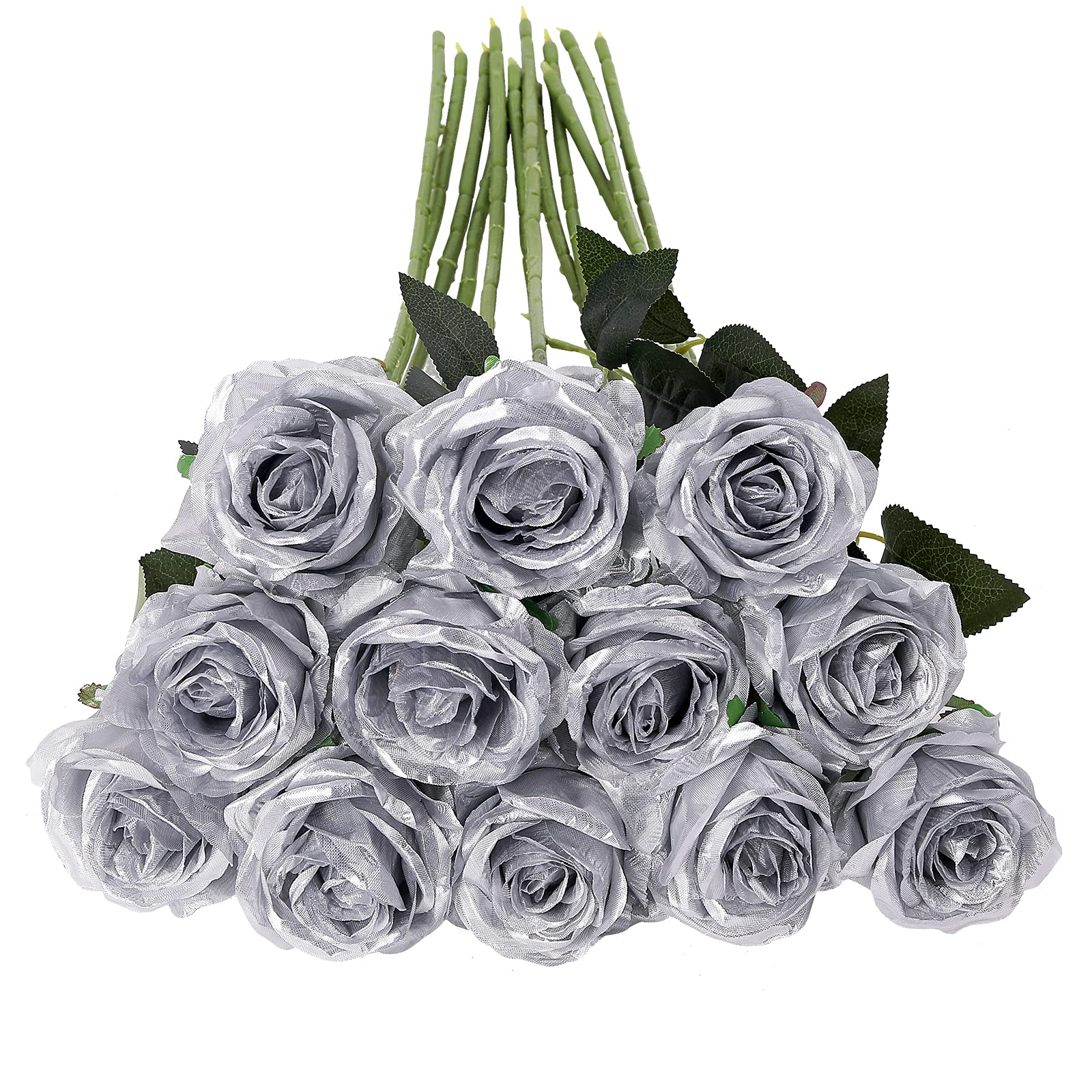 Tifuly Silver Roses Artificial Flowers -12Pcs Realistic Single Long Stem Fake Silk Roses Bouquet for Party Home Wedding Centerpi