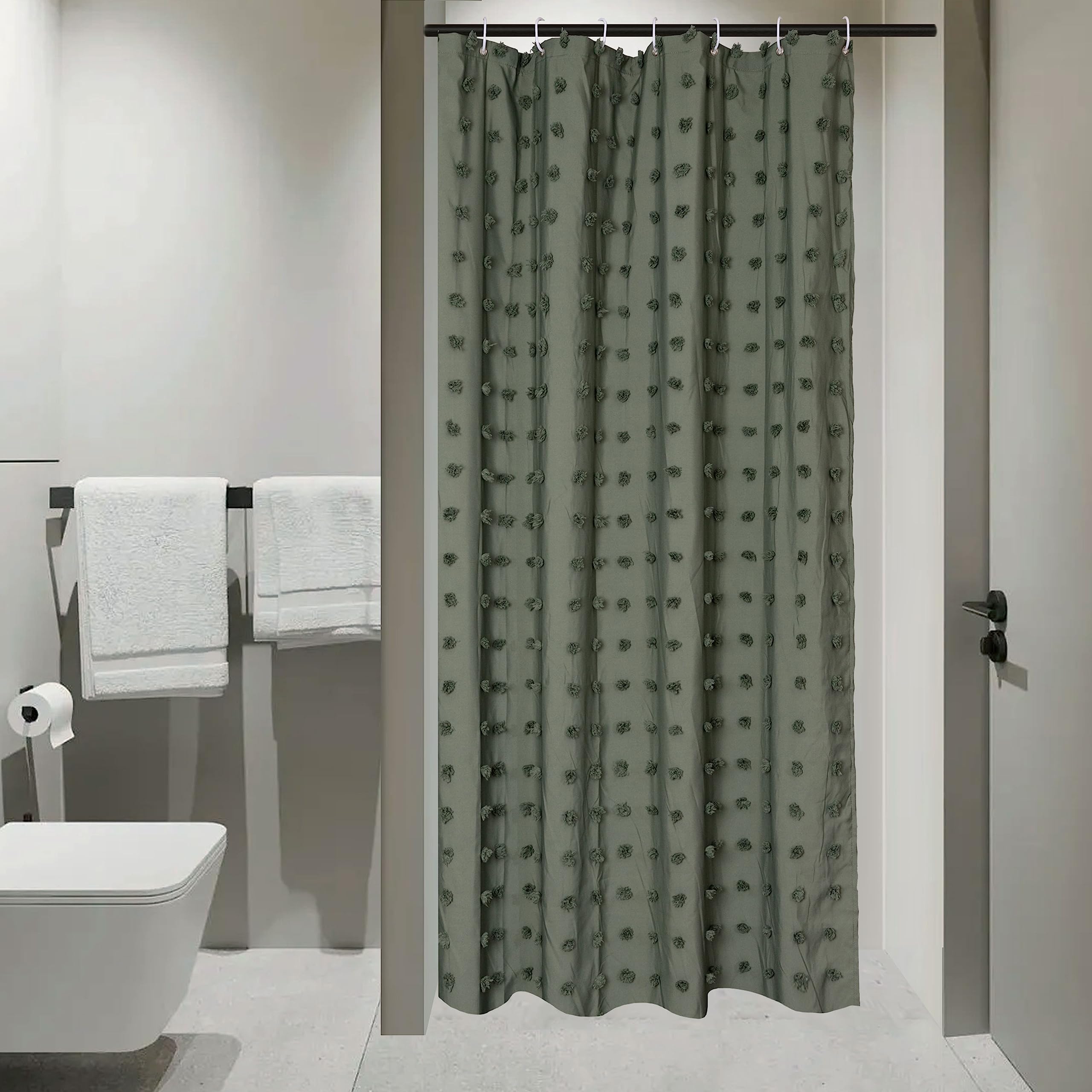 Siiluminisoy Small Stall Green Boho Shower Curtain Woven Fabric Cute Shower Curtain, 36 x 72 Tufted Pleat Floral Textured Modern
