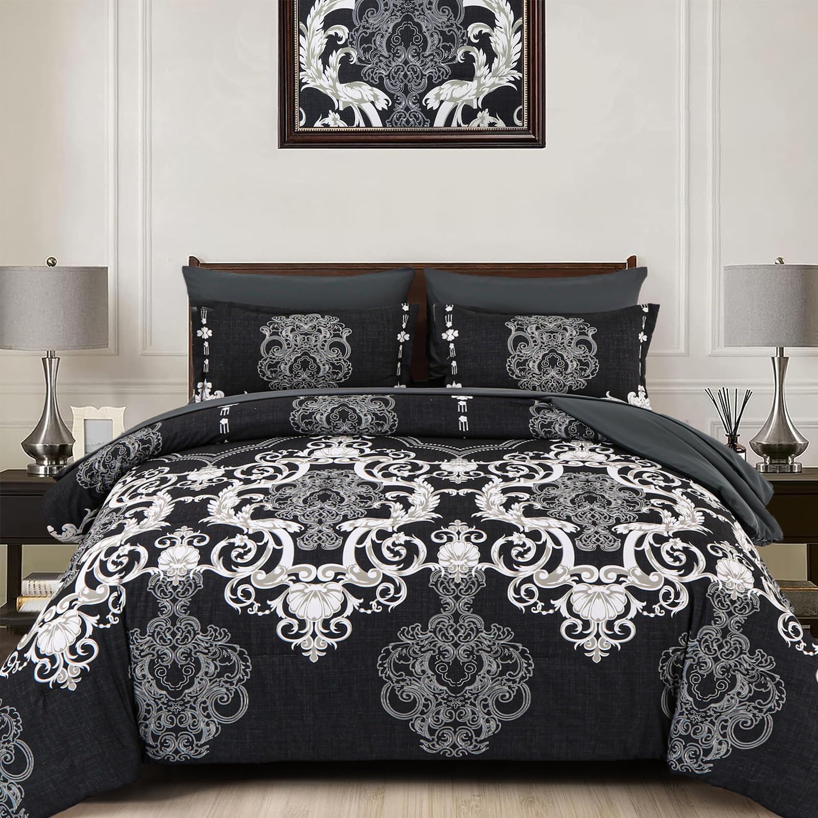 Mybedsoul King Size Comforter Set, 7 Pieces Boho Bed In A Bag For King Bed, Black Damask Comforter Set With Sheet, Pillowcases &