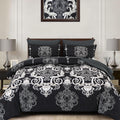 Mybedsoul Queen Comforter Set, 7 Pieces Boho Bed In A Bag For Queen Bed, Black Damask Comforter Set With Sheets, Pillowcases & S
