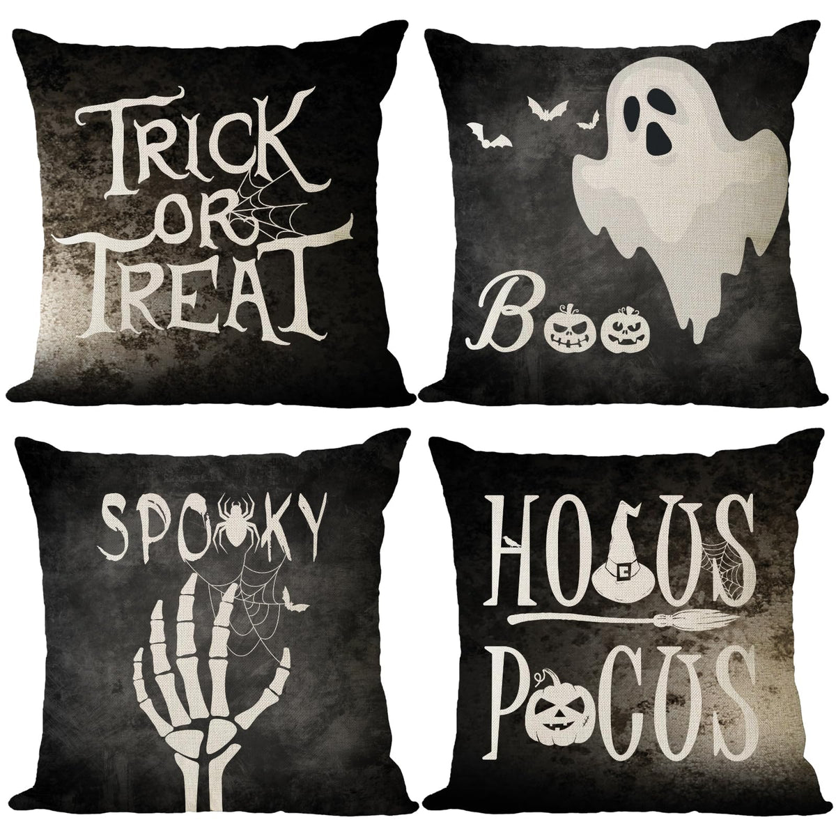 Set Of 4 Halloween Pillow Covers 12X12 Inch Trick Or Treat Pumpkin Decor Throw Pillow Covers Spooky Black Ghost Halloween Cushio