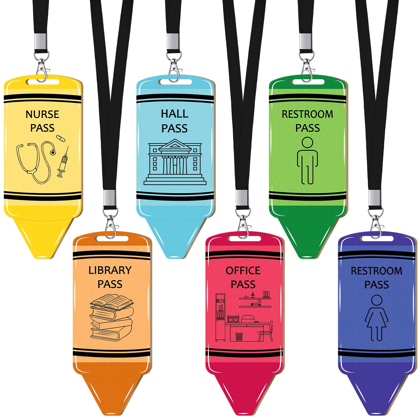 Sabary 6 Sets Hall Pass Lanyards and School Passes Set for Classrooms Wooden Bathroom Classroom Must Haves for Restroom, Library