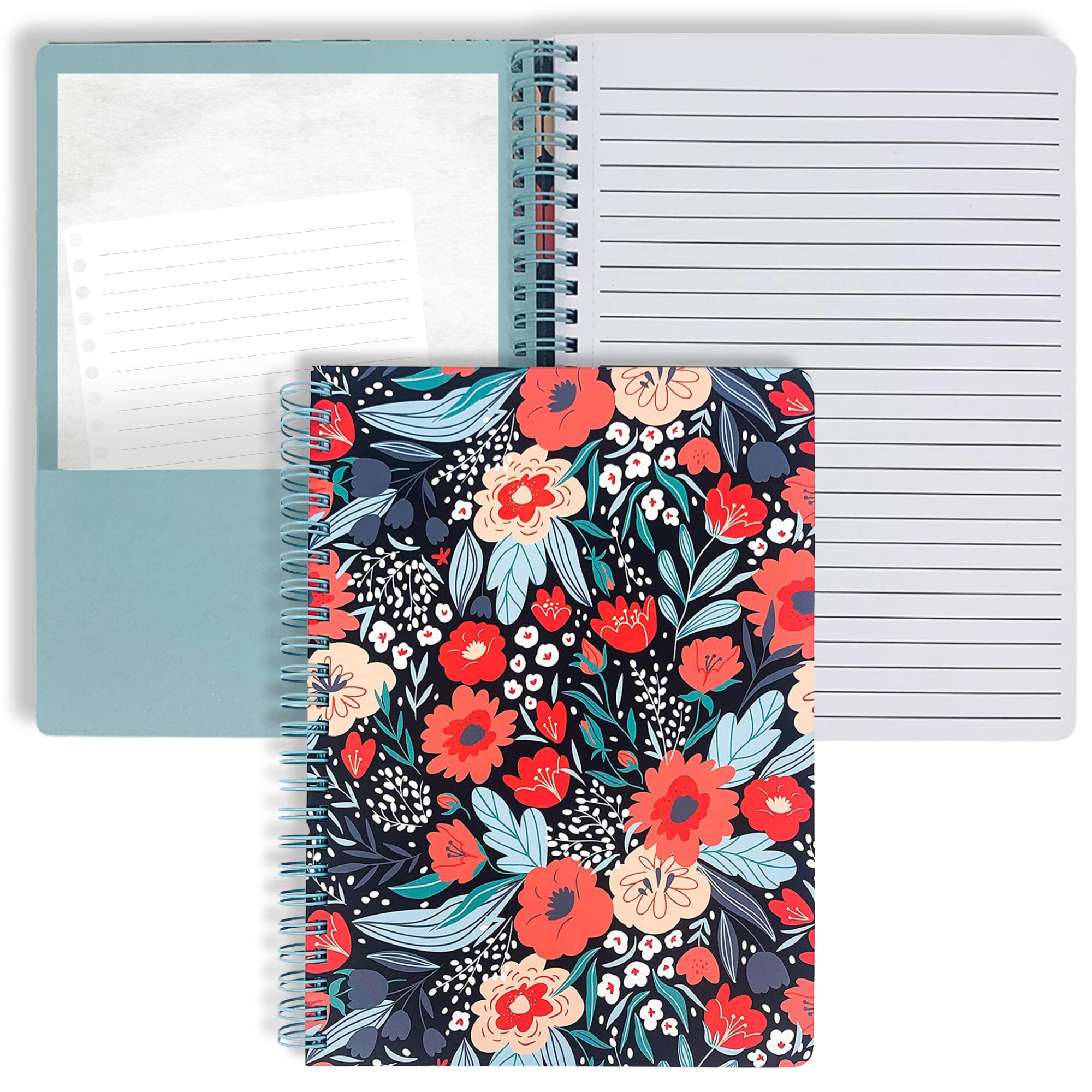 Steel Mill & Co Cute Red/Blue Mini Spiral Notebook, 8.25' X 6.25' Journal With Durable Hardcover And 160 Lined Pages, Folk Flo