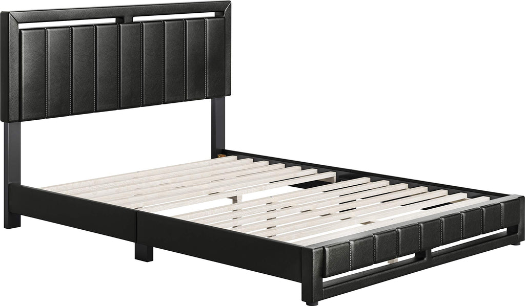 Boyd Sleep Beaumont Upholstered Platform Bed with Headboard, Mattress Foundation with Strong 14 Wood Slat Supports, No Box Spring Required, Black Faux Leather, Size Full
