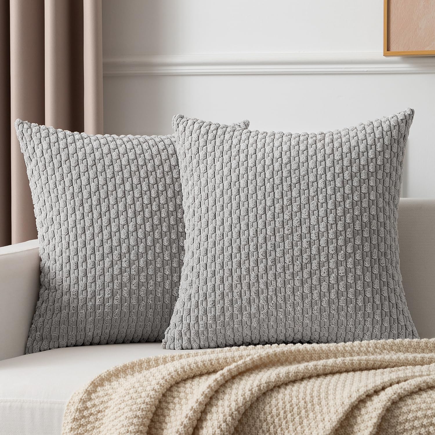 Kevin Textile 2 Packs Light Grey Decorative Throw Pillow Covers 26X26 Inch For Living Room Couch Bed Sofa Rustic Farmhouse Boho Home Decor Soft Striped Corduroy Square Cushion Case 66X66 Cm