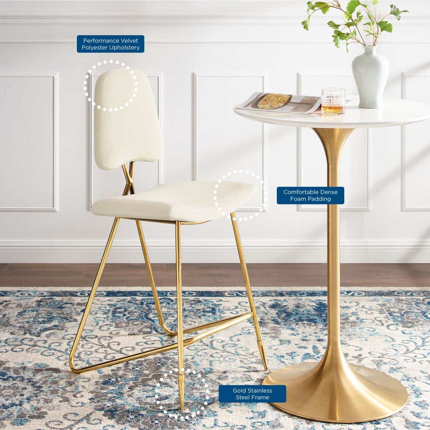 Modway Ponder Performance Velvet Upholstered Dining Bar Stool in Ivory