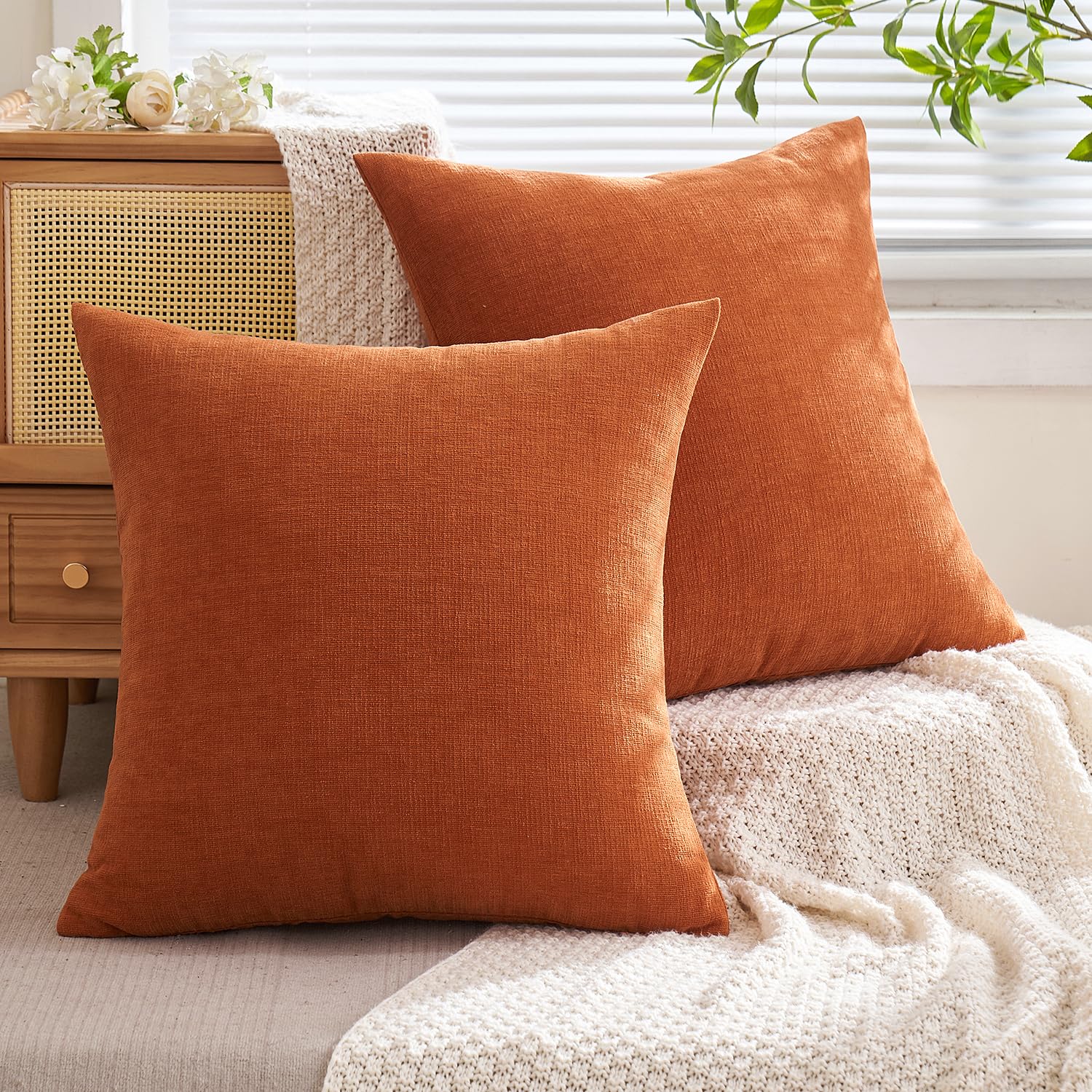 MIULEE Burnt Orange Chenille Couch Pillow Covers 18x18 Inch, Set of 2 Soft Decorative Square Throw Pillows for Sofa Living Room