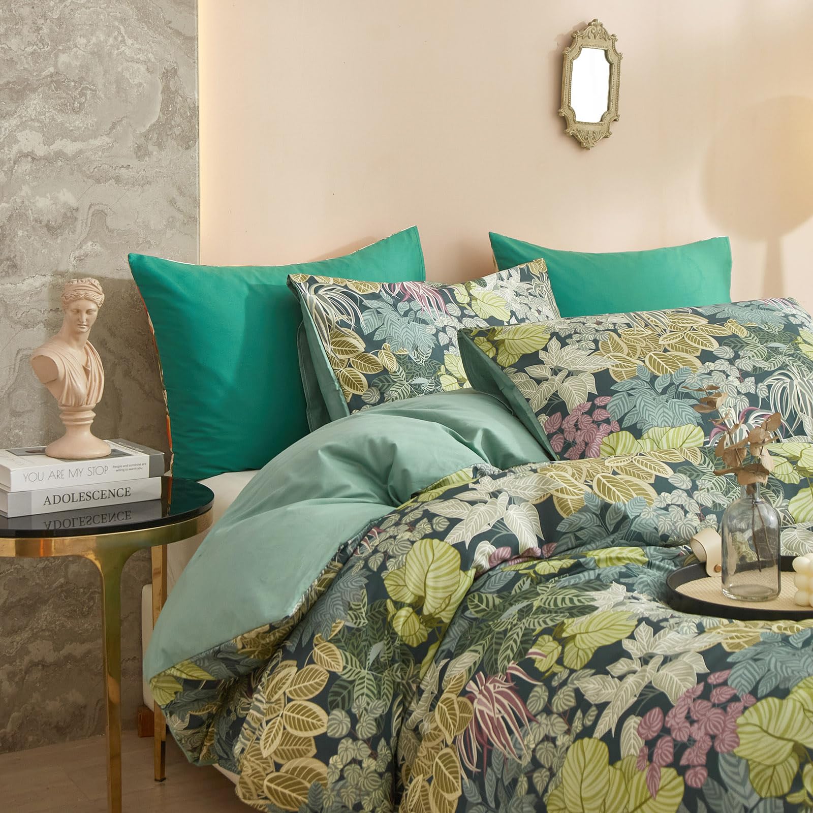 Mixinni Tropical Multicolored Leaves Print Duvet Cover 2 Pillowcases Botanical King Size Floral Duvet Cover Set Soft Cotton Bedd