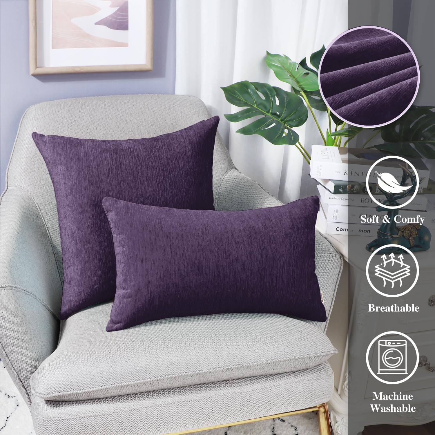 Brawarm Chenille Throw Pillow Covers 22X22 Inches - Purple Chenille Pillow Covers Pack Of 2, Solid Dyed Soft Chenille Pillow Cas