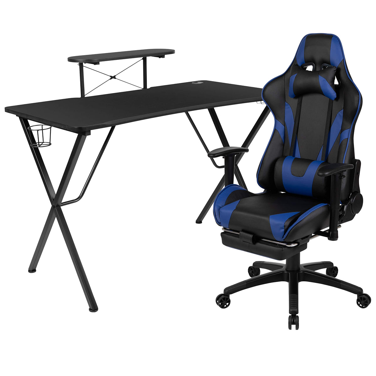 Flash Furniture Optis Black Gaming Desk With Cup Holder/Headphone Hook And Monitor/Smartphone Stand & Blue Reclining Gaming Chair With Footrest