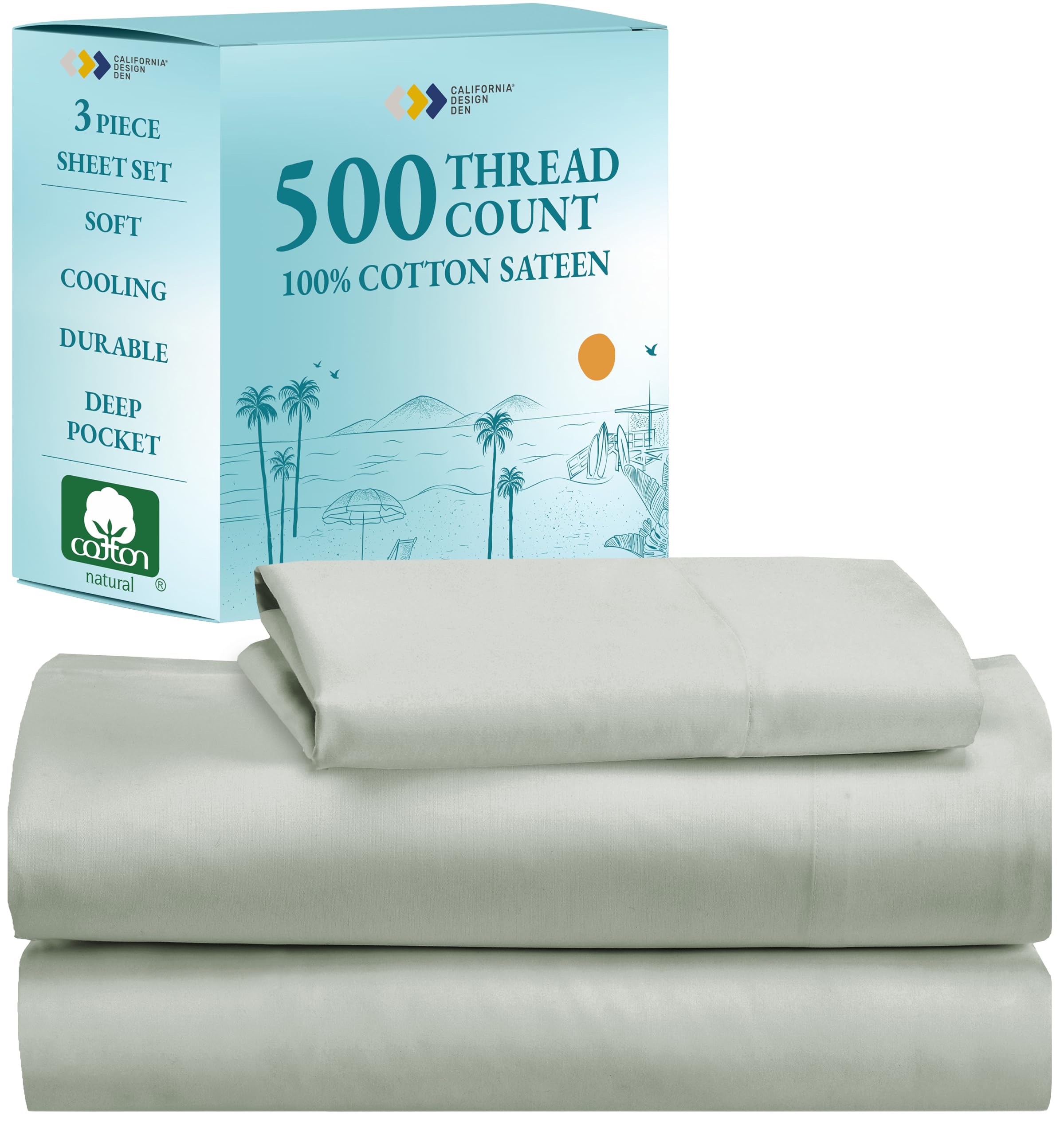 California Design Den - Finest Twin Cotton Sheets Set, Soft 100% Cotton Cooling Sheets Deep Pockets, 500 Thread Count Bedsheet Set Twin Sheets Set, Twin Bed Sheets (Silver Sage)