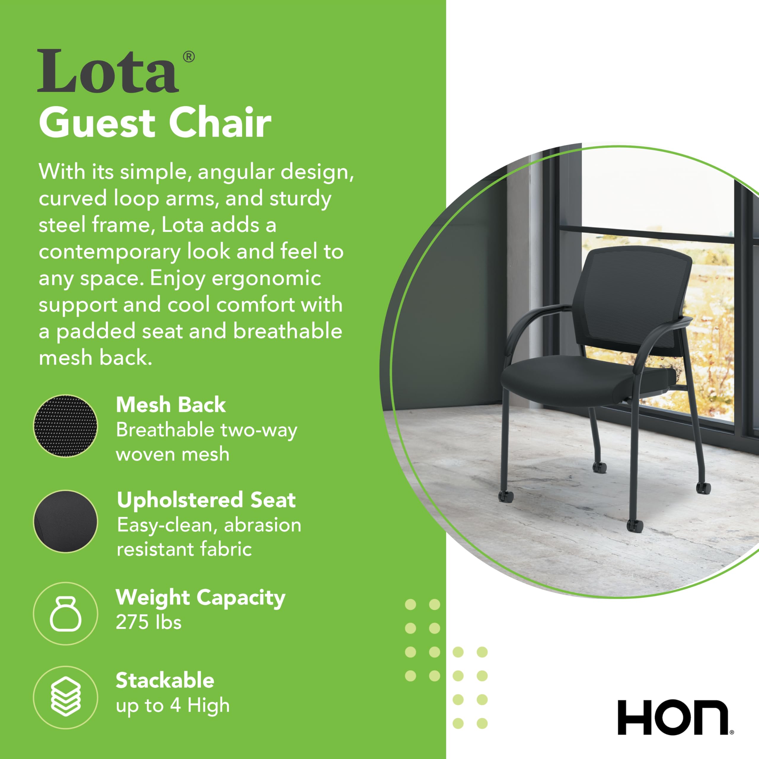 HON Lota Office Guest Chair Stackable Waiting Room Chairs - Mesh Back Side Office Guest Chairs & Reception Chairs with Wheels, Arms - Lobby Chairs for Conference, Breakroom, Church, School, Training