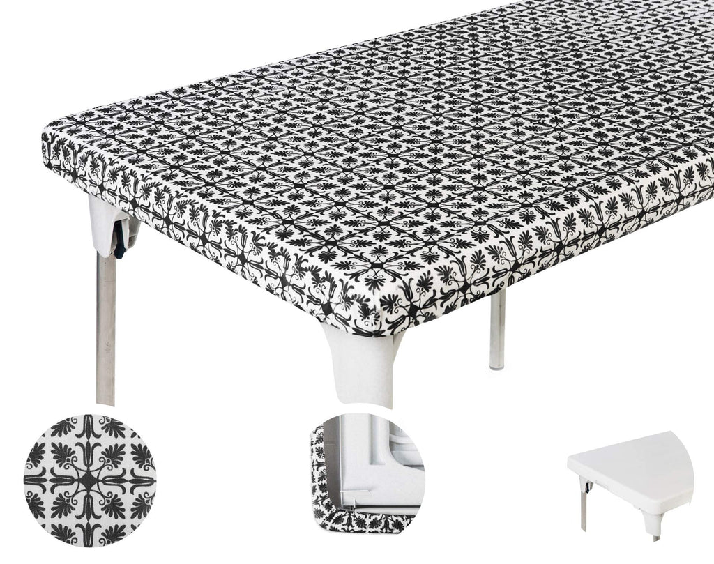 Toptablecloth 6Ft 72X30 Inch Black Patterned Plastic Rectangle Tablecloths Elastic Corner Vinyl Christmas Tablecloth Fitted Rect