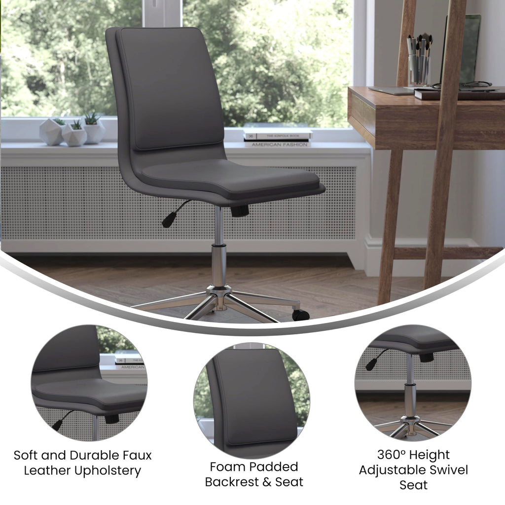 Flash Furniture Madigan Task Office Chair - Luxurious Gray Leathersoft Upholstery - Padded Mid-Back And Seat - Height Adjustable Chrome Base - Armless