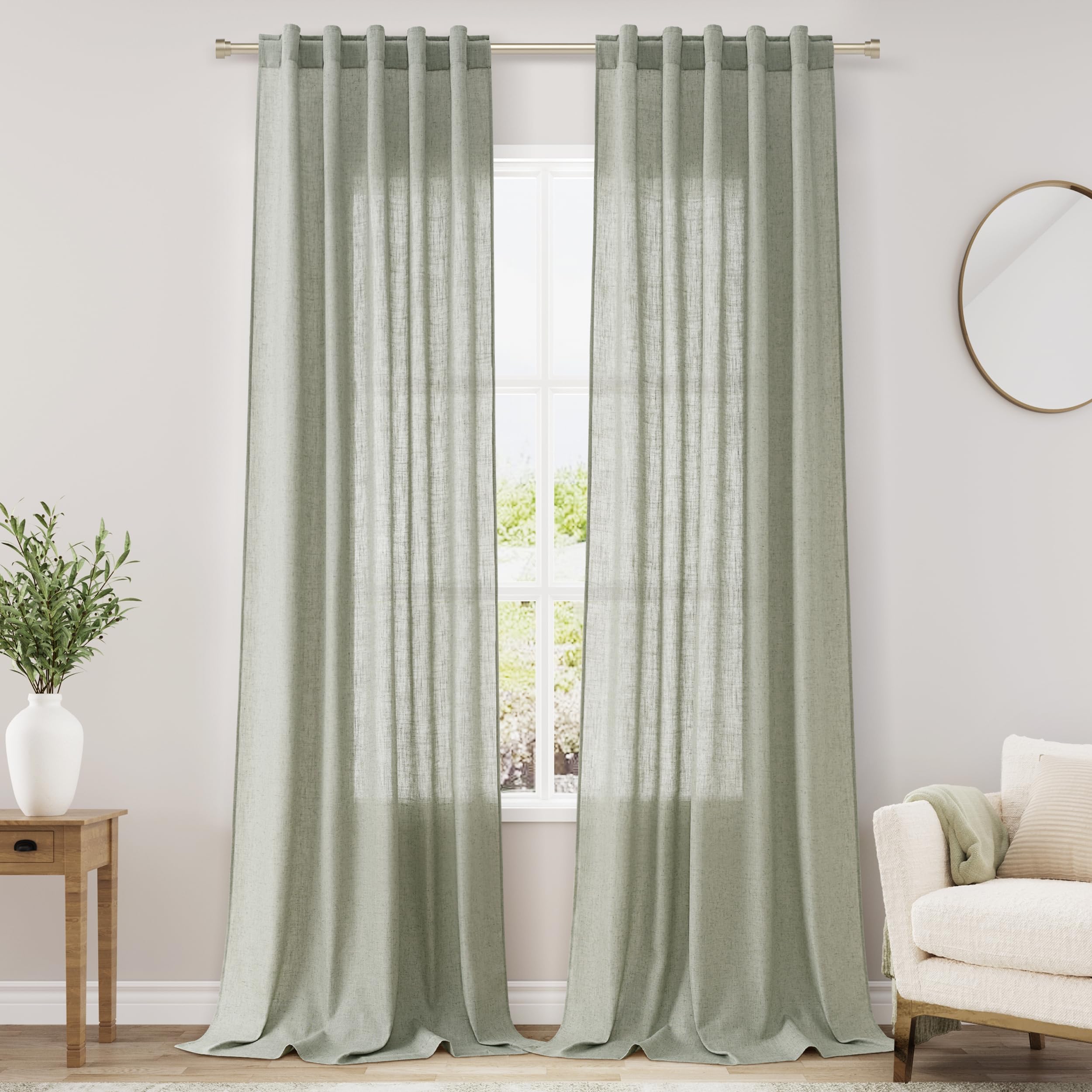 Green Linen Curtains 102 Inches Long For Living Room 2 Panel Set Back Tab Rod Pocket Sage Green Semi Sheer Curtains Light Filter