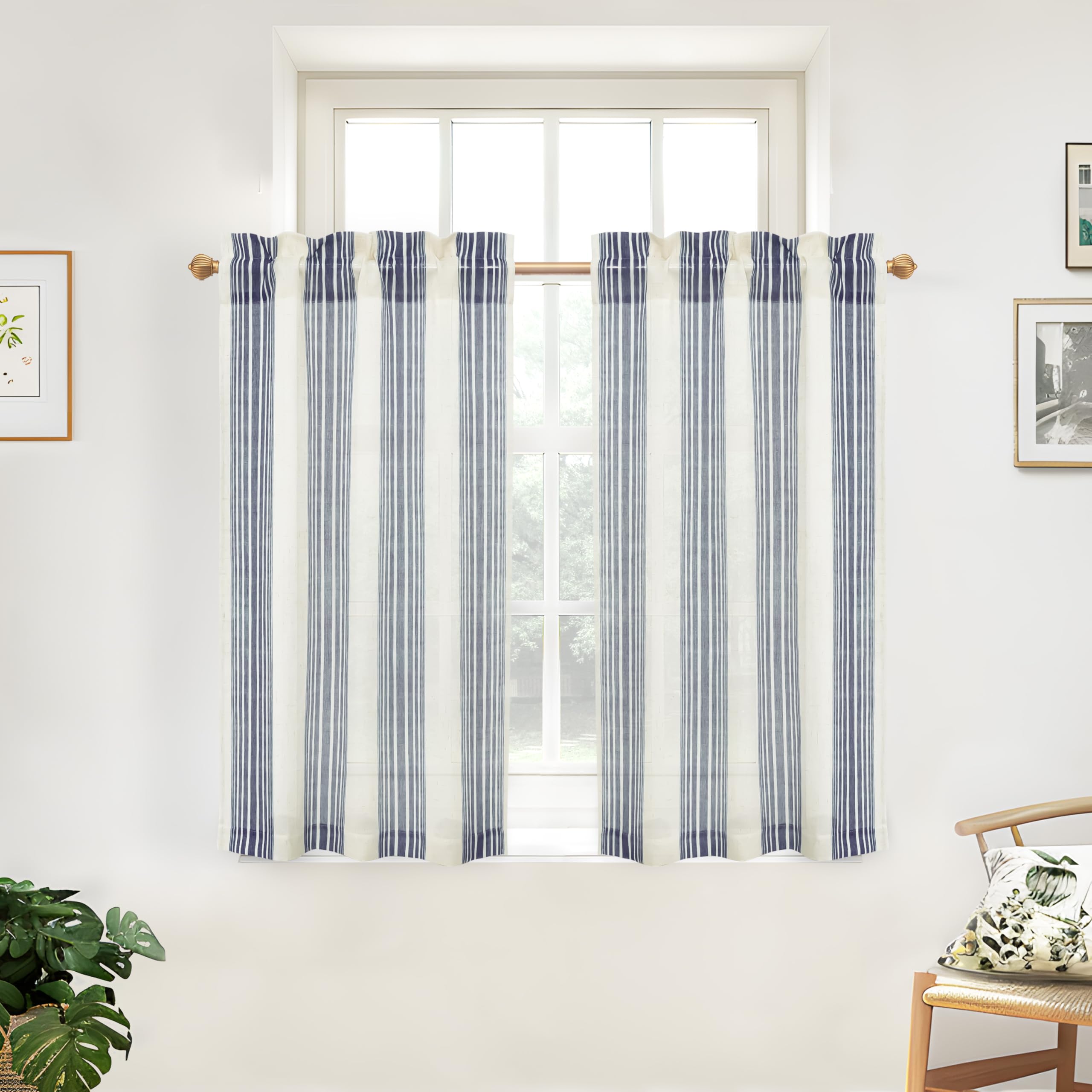 DriftAway Kitchen Curtains Striped Tier Linen Short Curtains Pinstripe Cafe Curtains 45 Inch Length for Living Room Bathroom Chr