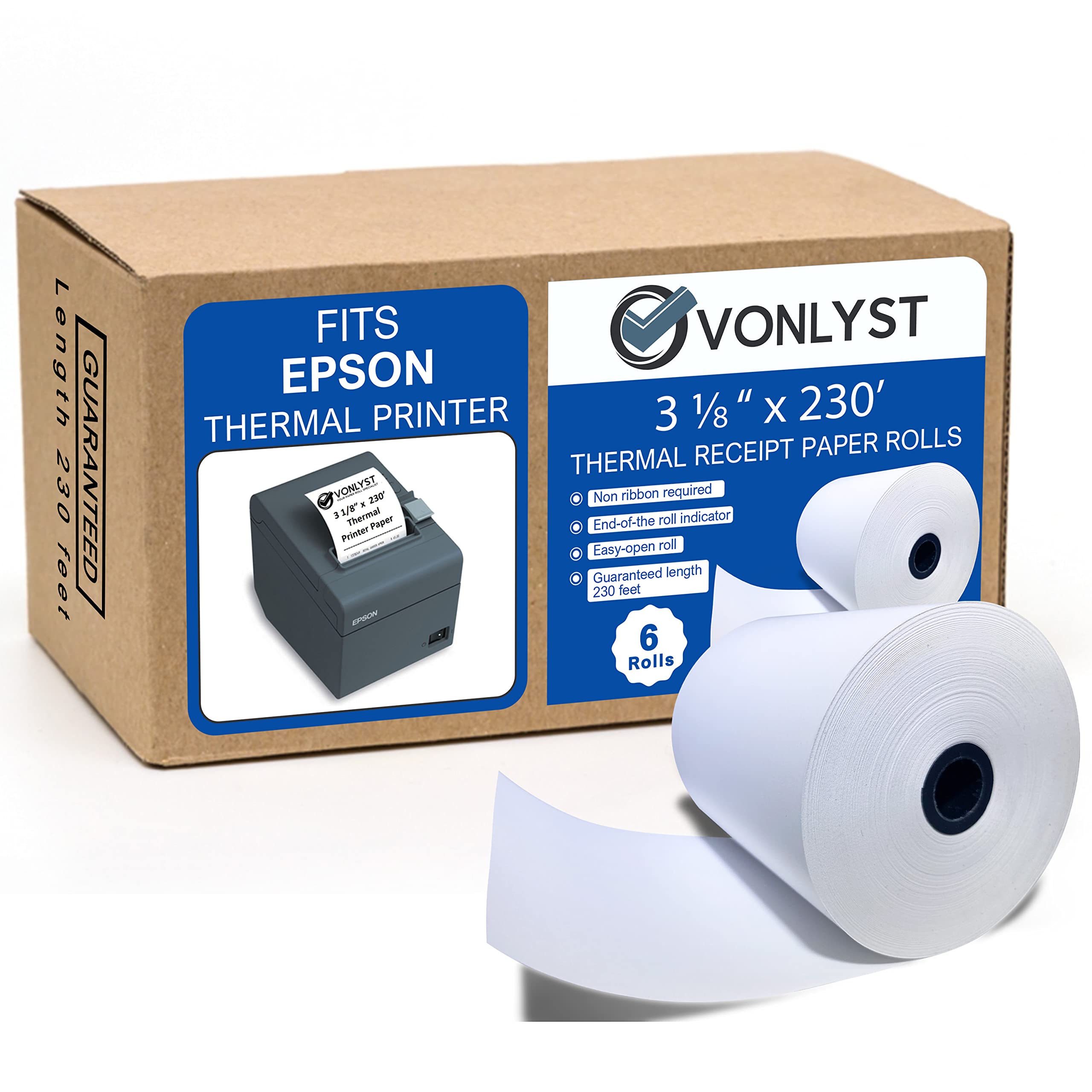 Vonlyst 3 1/8 X 230 Thermal Paper Receipt Roll For Epson Printer (Pack 06 Rolls)