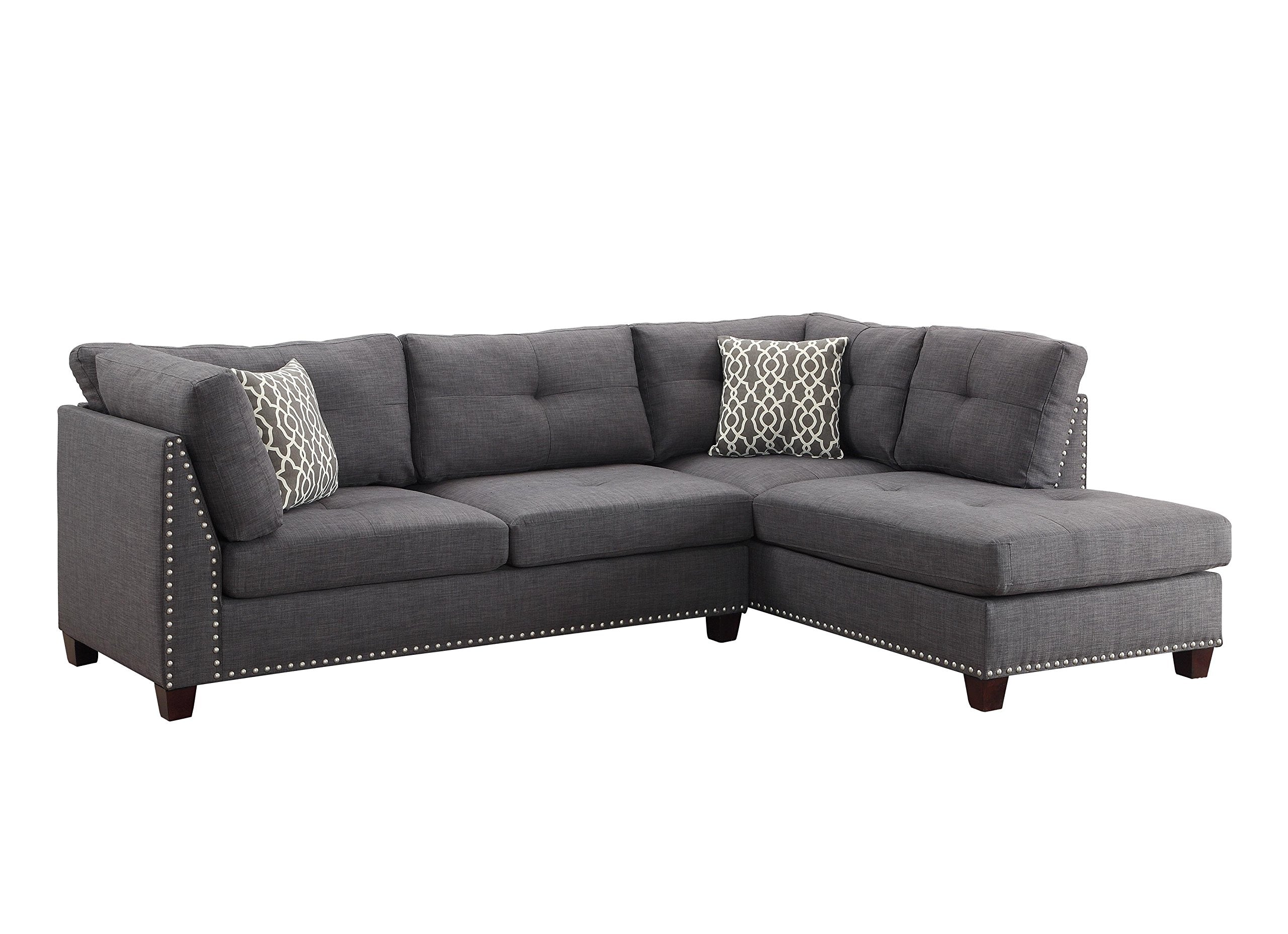 Acme Laurissa Sectional Sofa with 2 Pillows and Ottoman in Light Charcoal Linen