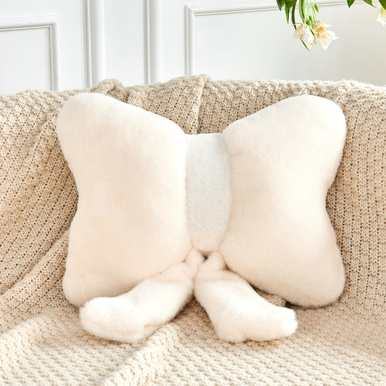 Xvtru Ivory Bow Pillow, Soft Bow Decorative Pillows With Faux Rabbit Fur, Cute 16' Bow Throw Pillows, Aesthetic Home Decor Bow