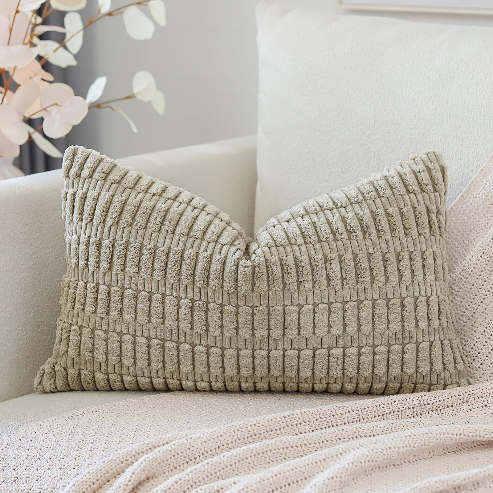 Otostar Corduroy Decorative Throw Pillow Covers 16X24 Inch Super Soft Boho Striped Rectangle Pillow Covers Case Modern Cushion Covers For Sofa Couch Bedroom Car Decor Khaki