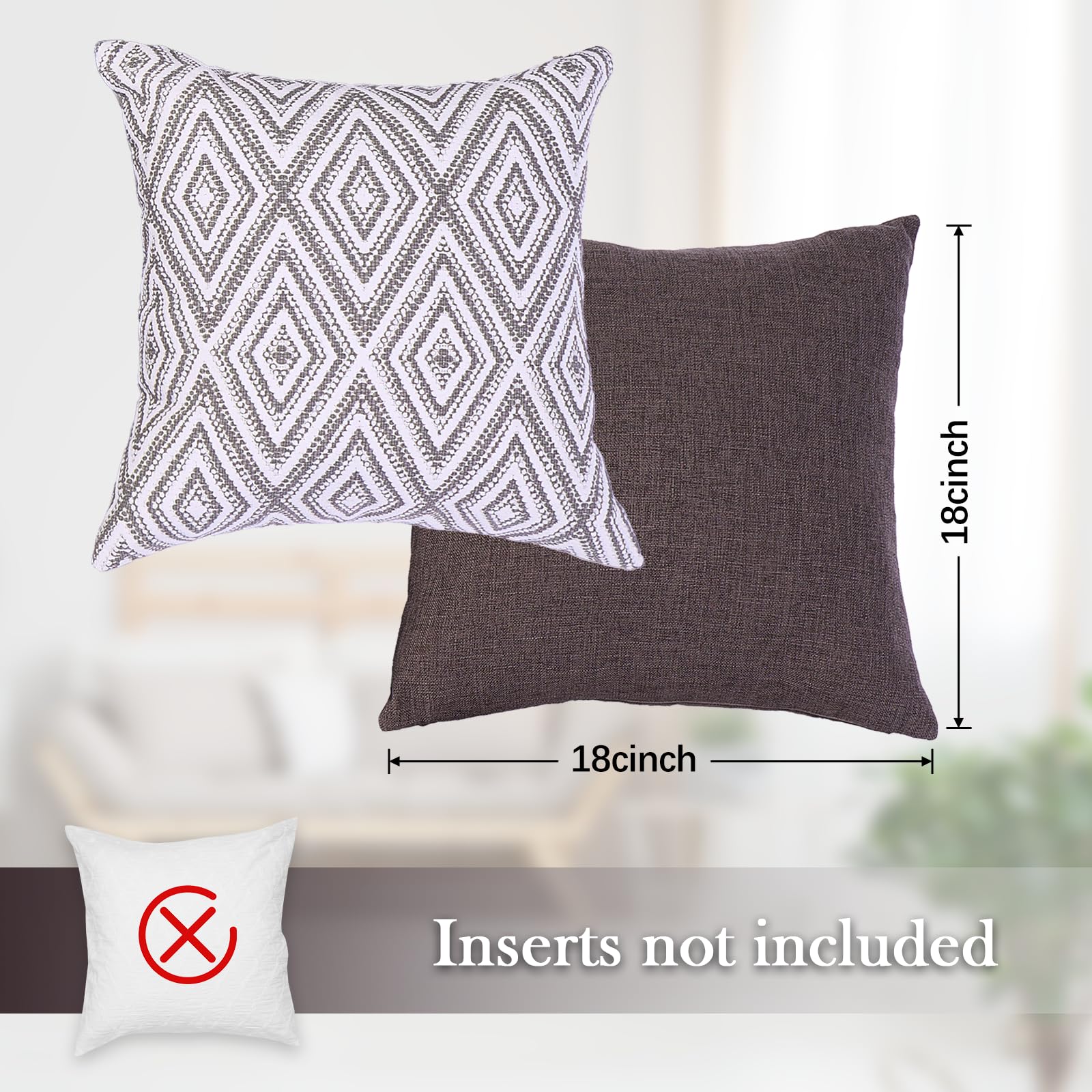 Hpuk Decorative Throw Pillow Covers Set Of 4 Dark Gray Geometric Design Linen Cushion Cover For Couch Sofa Living Room, 18'X18', Natural
