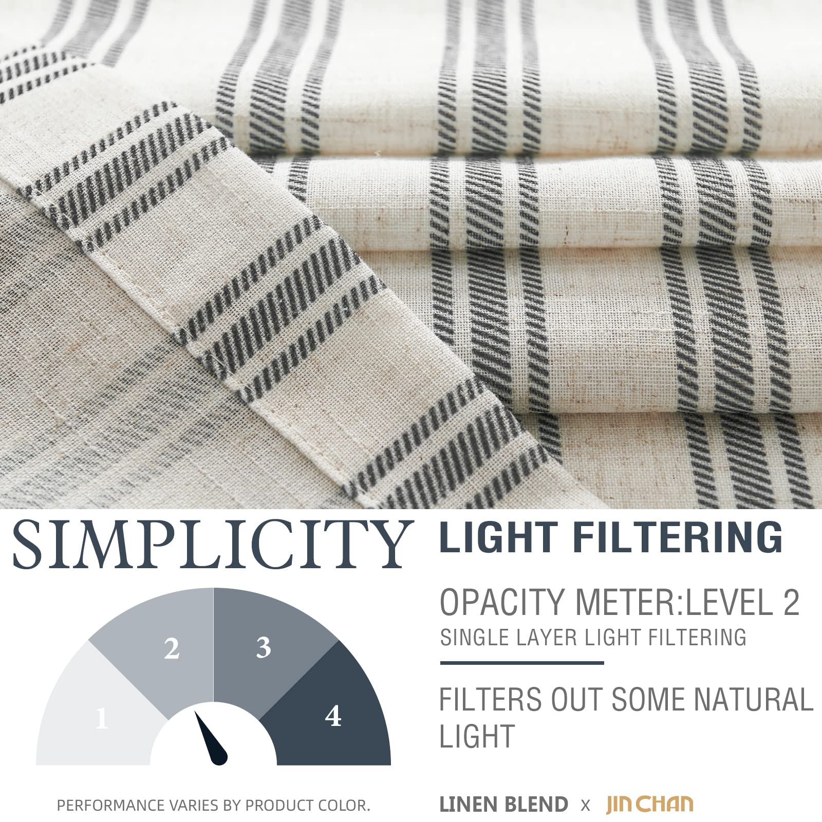 Jinchan Kitchen Curtain Linen Tier Curtain Striped Cafe Curtain 45 Inch Stripe Small Window Curtain Balanced Stripe Curtain Light Filtering For Bathroom Laundry 2 Panels Black On Beige