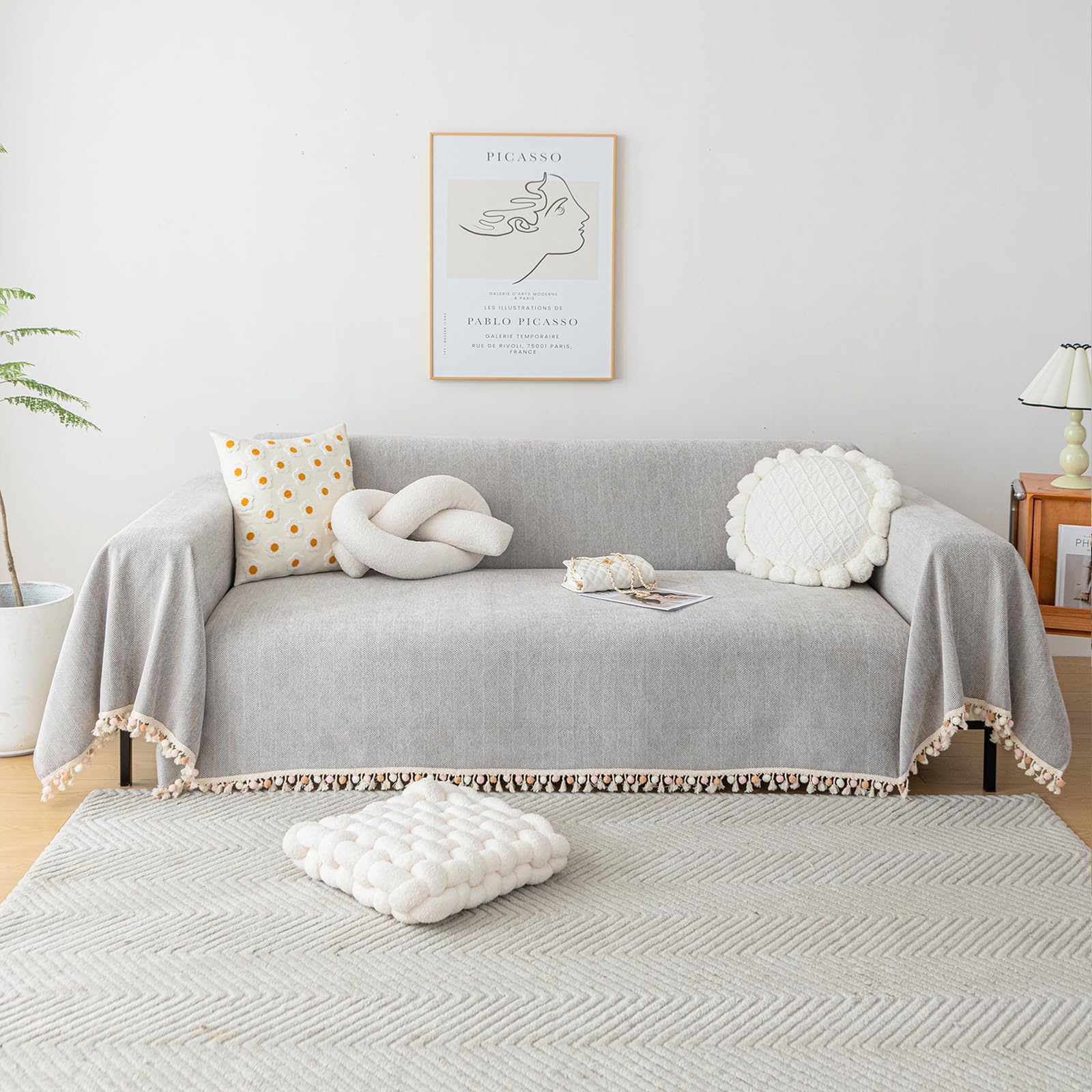 Handontime Grey Sofa Cover For Couch Boho Couch Cover For 3 Seat Couch Dog Couch Cover Love Seat Couch Covers Light Grey Sofa Sectional Cover 91' X134' Tassel Chenille Herringbone Sofa Covers