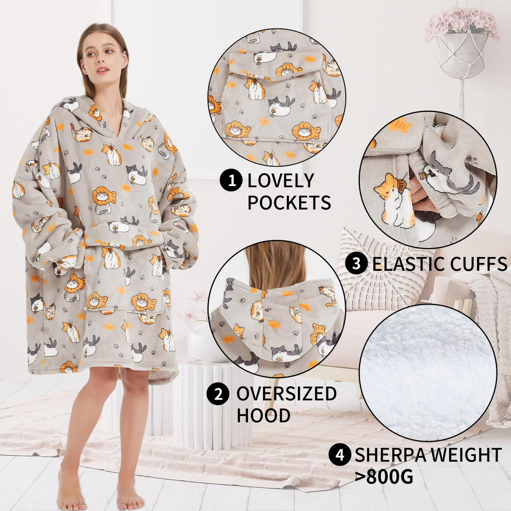 Fiosnow Cat Blanket Hoodies For Women And Men Adult Oversize Wearable Blanket Hoodies For Soft And Warm