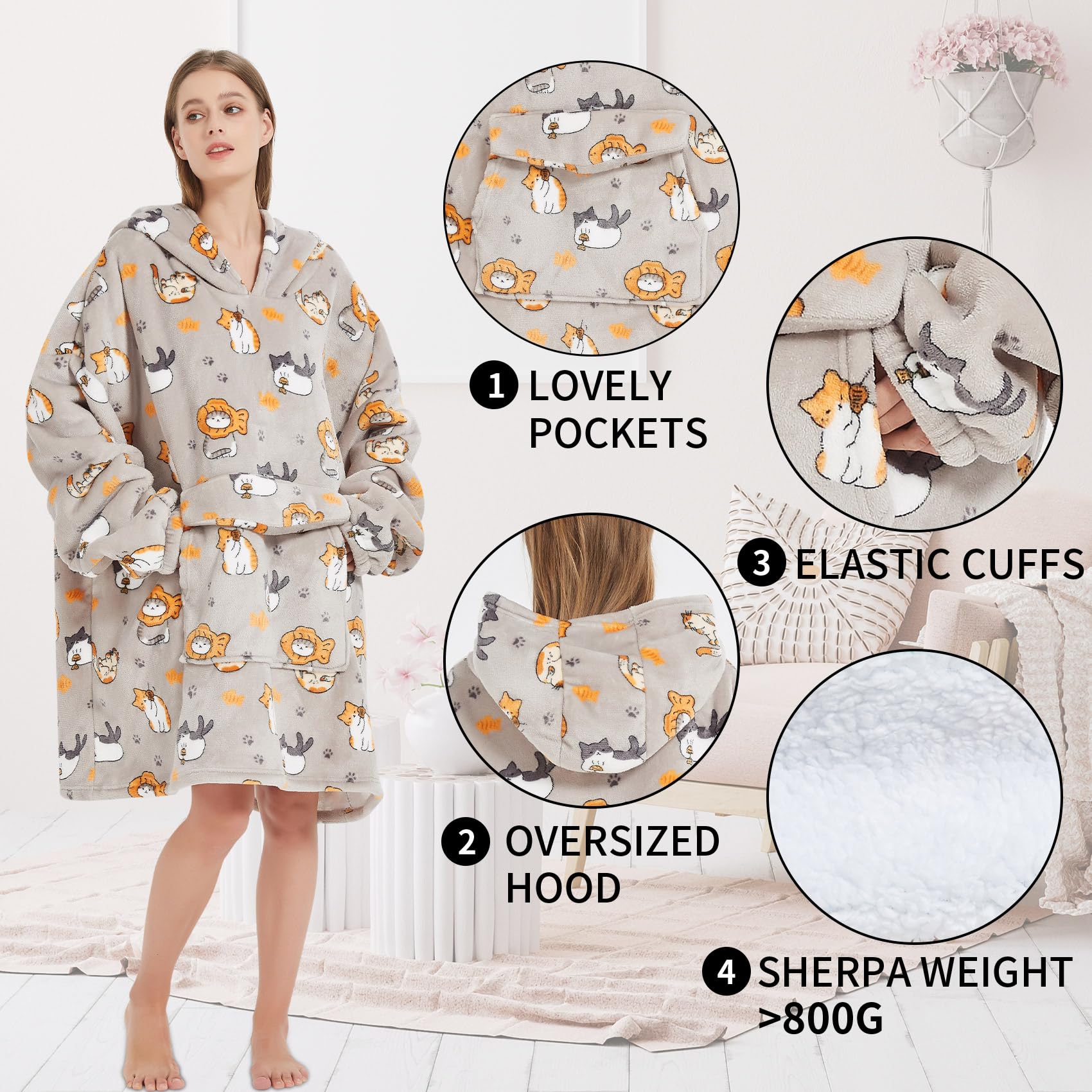 Fiosnow Cat Blanket Hoodies For Women And Men Adult Oversize Wearable Blanket Hoodies For Soft And Warm