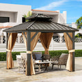 10x10 Hardtop Gazebo, Heavy Duty Aluminum Permanent Hardtop Gazebo Outdoor Pavilion with Curtains and Netting for Garden (Khak
