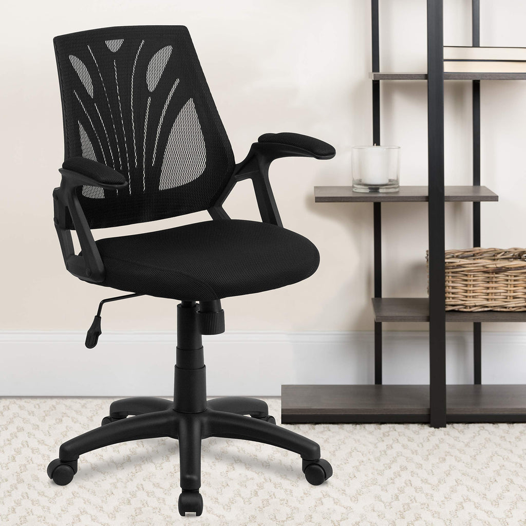 Flash Furniture Sam Mid-Back Designer Black Mesh Swivel Task Office Chair with Open Arms