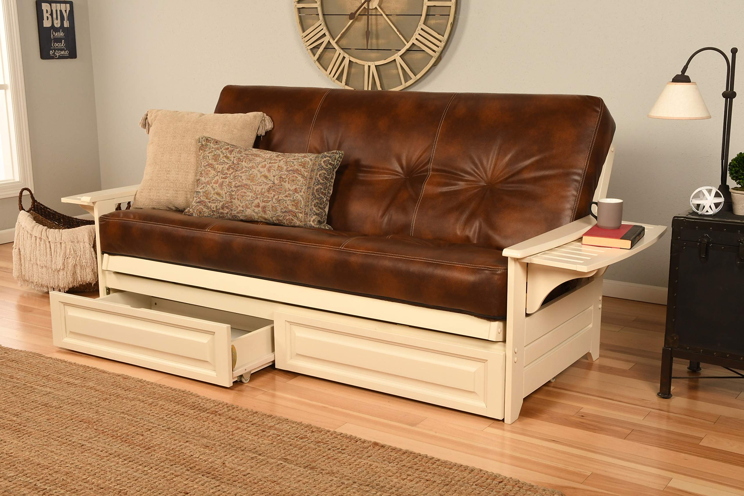 Kodiak Furniture Phoenix Antique White Storage Futon With Saddle Brown Mattress