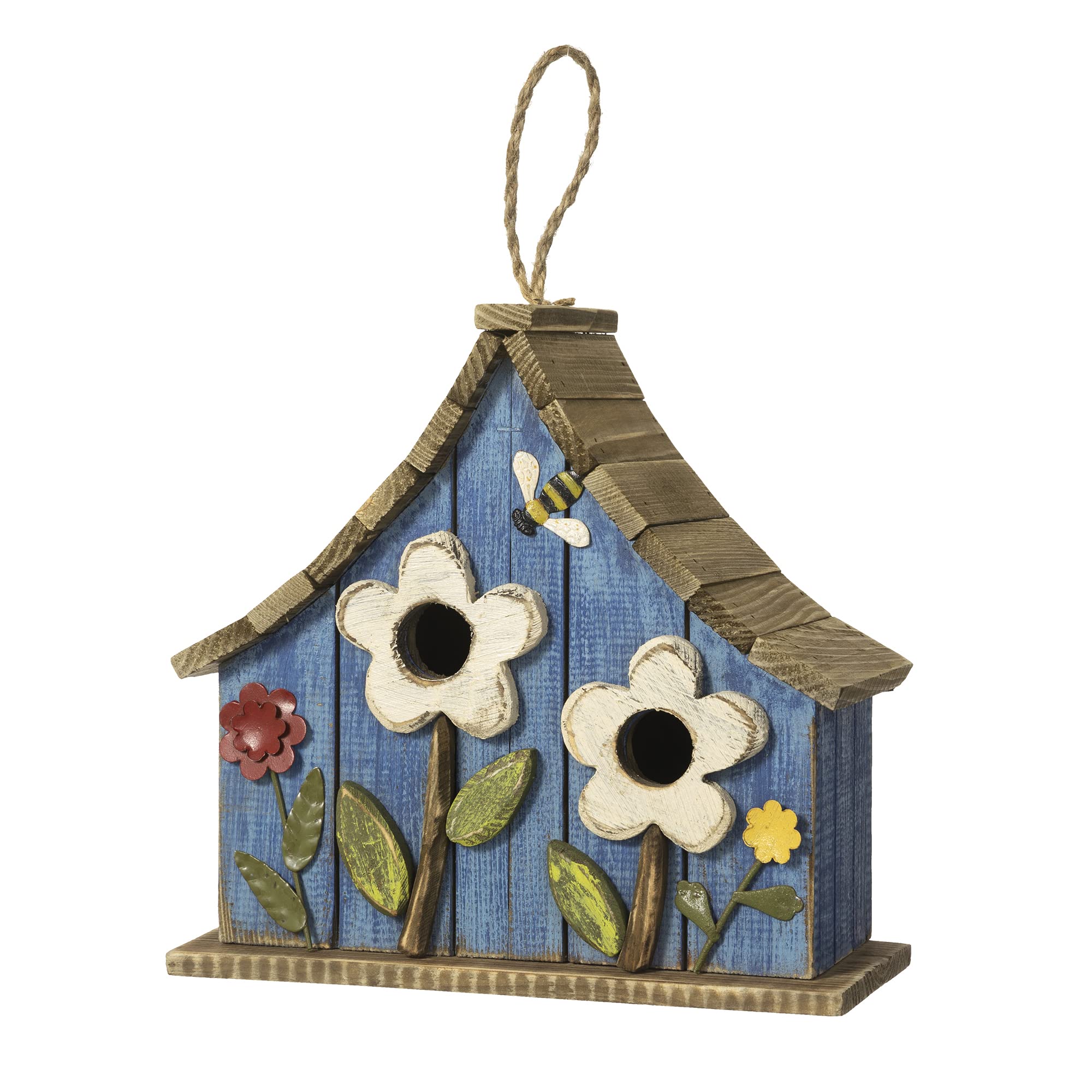 Glitzhome 10.75' L Distressed Solid Wood Birdhouse With 3D Flowers Rustic Hand-Painted Bird Houses For Garden Outdoors Decorati