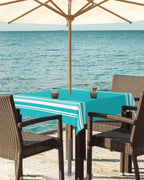 Queenker Outdoor Tablecloth With Umbrella Hole, Farmhouse Aqua White Stripe Square Tables Waterproof Tabletop Collection For Pat