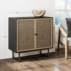 Nathan James Kova Rattan Wood Accent Sideboard Storage Cabinet Large Console Table With Metal Frame, Adjustable Shelves And Cane Doors, For Hallway, Entryway Or Living Room, Black Oak/Cane, Set Of 4