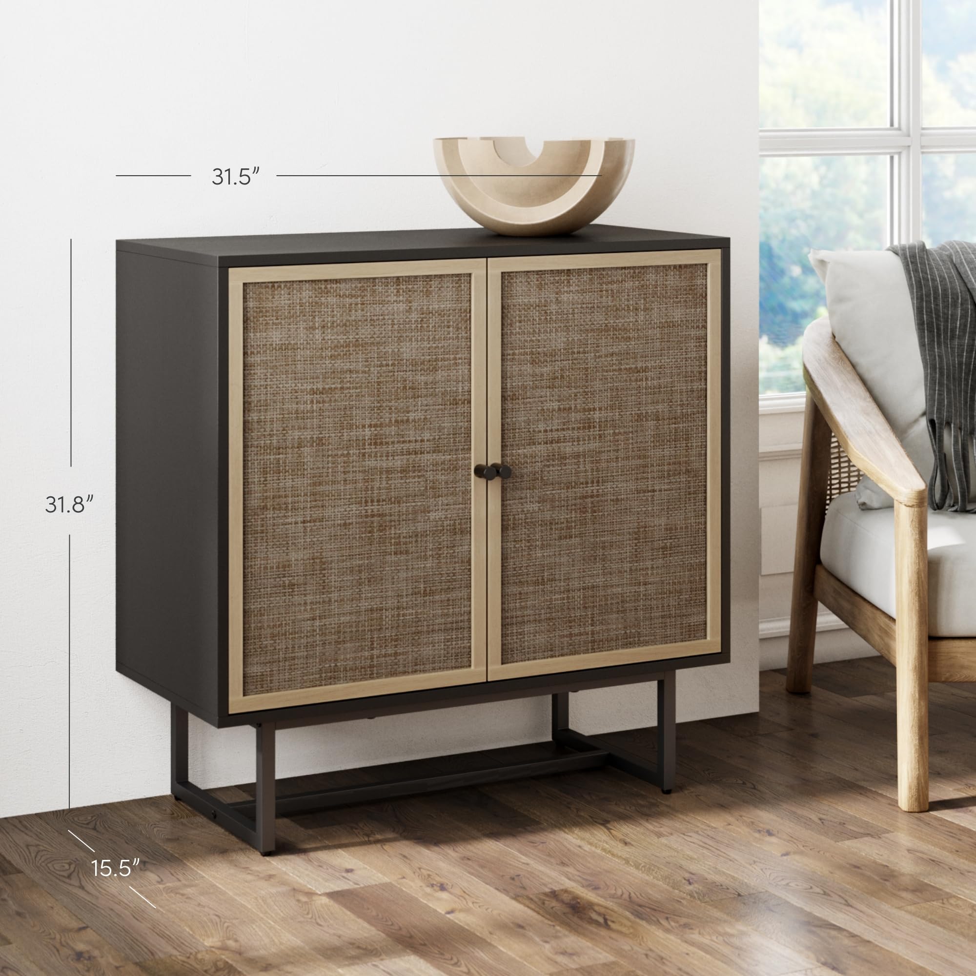Nathan James Kova Rattan Wood Accent Sideboard Storage Cabinet Large Console Table With Metal Frame, Adjustable Shelves And Cane Doors, For Hallway, Entryway Or Living Room, Black Oak/Cane, Set Of 4